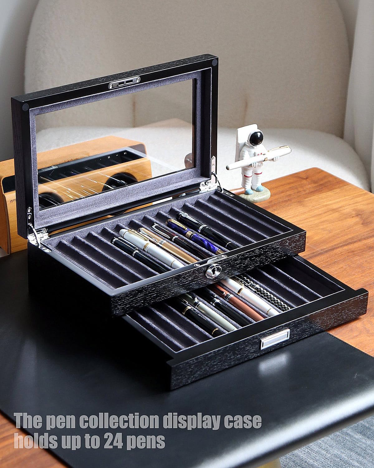 Wood Pen Display case 24 Slot Fountain Pen Box Storage Organizer with Drawer, Top Glass Window Pen Collection Display Case