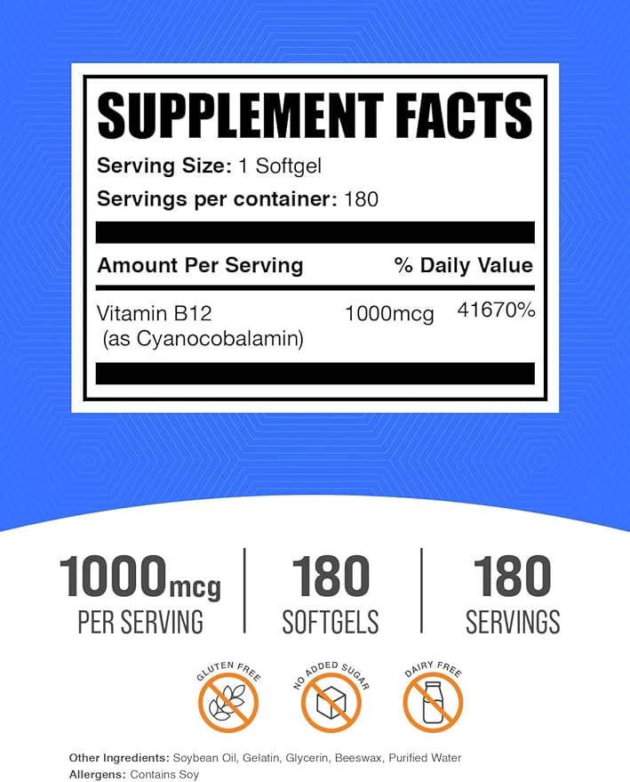 BulkSupplements.com Vitamin B12 1000 mcg Softgels - as Cyanocobalamin, Vitamin B12 Supplement - Essential Vitamin B, Gluten Free, 1 Softgel per Serving, 180 Count (Pack of 1)