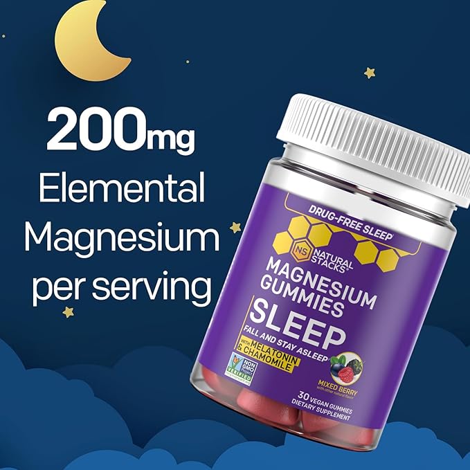 Sleep Magnesium Gummies with Melatonin - 200mg Magnesium Citrate - Melatonin Gummies for Sleep Quality - Nighttime Aid for Adults with Chamomile - 30 Mixed Berry Chewables