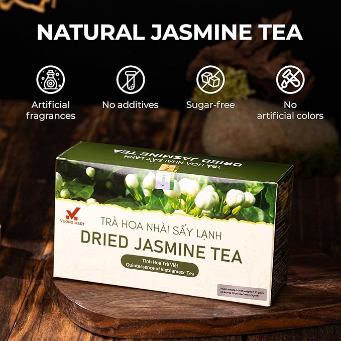 VUONGMART Dried Jasmine Buds Tea, 100% Hand Pick, Stevia, Honeyydew, Heat Pump Drying, Organic Herbal Tea, 30 Tea Bags, Gluten Free, Dairy Free, Sugar Free & Natural, Energy Boost & Health Support
