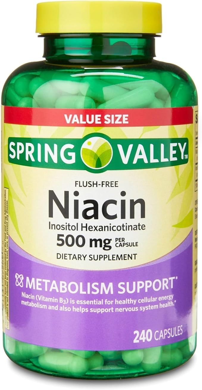 Spring Valley Vitamin B3 Niacin 500mg Flush Free Capsules, Dietary Supplement 240 Pills (Pack of 1) - Set by Basket Goods