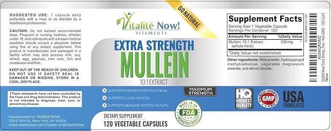 Extra Strength Mullein Capsules 10:1 Extract, Respiratory & Immune Health, Lung Cleanse, 100% Pure Whole Herb, Gluten Free, Non-GMO, 120 Count, 4 Month Supply, Made in The USA