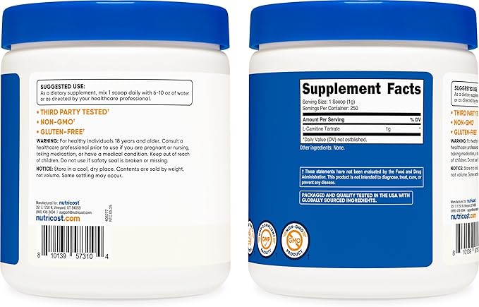 Nutricost L-Carnitine Tartrate Powder (250 Grams) - 1 Gram per Serving, 250 Servings