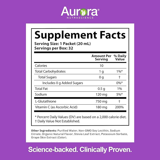 Aurora Nutrascience Mega-Liposomal Liquid Glutathione, Immune & Antioxidant Gut Health Support Supplement, 750 mg per Serving, Non-GMO, Sugar-Free, 10 Single Serve Packets
