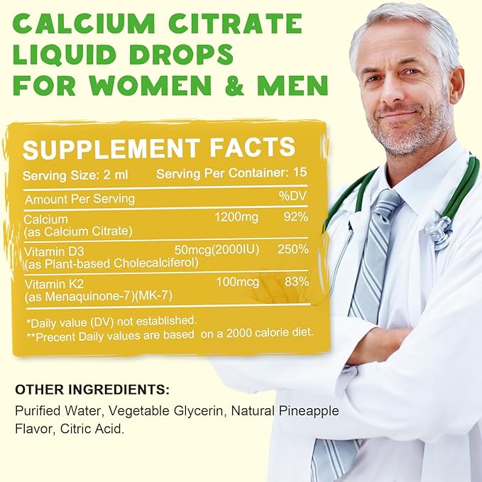 Calcium Citrate 1200 mg with Vitamin D3 Liquid Drops for Women & Men, Calcium Citrate with Vitamin D3 & K2 for Bone Muscle & Teeth- 2 Fl oz- 30 Day Vegan Supply