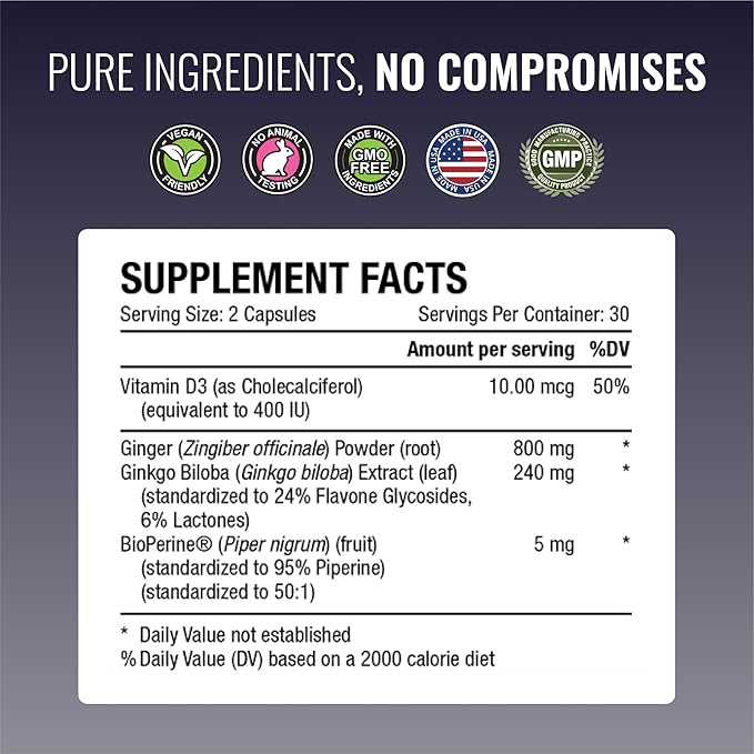 Approved Science VertiSyl - Ginkgo Biloba, Ginger, Vitamin D3, BioPerine - 30 Capsules - 1 Month Supply