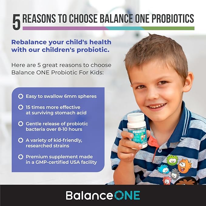 Balance ONE Time-Release Kids Probiotic – Up to 15x Better Survivability – 3 Billion CFU – Gut & Digestive Support for Children – Sugar Free, Easy to Swallow, 2 Month Supply