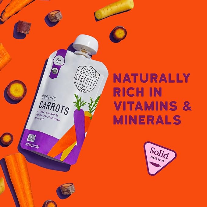 Serenity Kids 6+ Months Carrot Puree Organic Baby Food Pouches - No Added Sugar & Allergen-Free Toddler Food - BPA-Free Baby Snacks - 3.5 Oz, 6 Pack