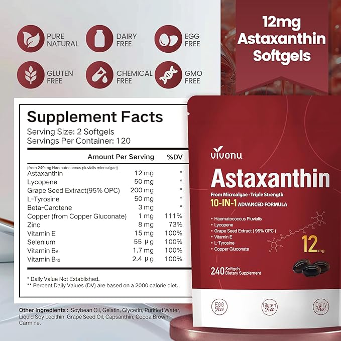 Astaxanthin 12mg, 480 Softgels, Fresh Haematococcus Pluvialis 10 in 1 Astaxanthin Antioxidant Supplements, Contains Lycopene, Grape Seed, Vitamin E, & More Supports Eye, Joints, Skin Health, 2 Bag