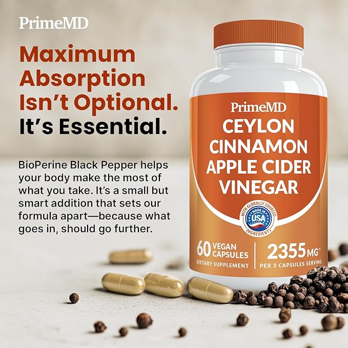 5-in-1 Ceylon Cinnamon Capsules 2355mg - Ceylon Cinnamon and Apple Cider Vinegar with Turmeric, Panax Ginseng, Cinnamon, and Bioperine, 60ct