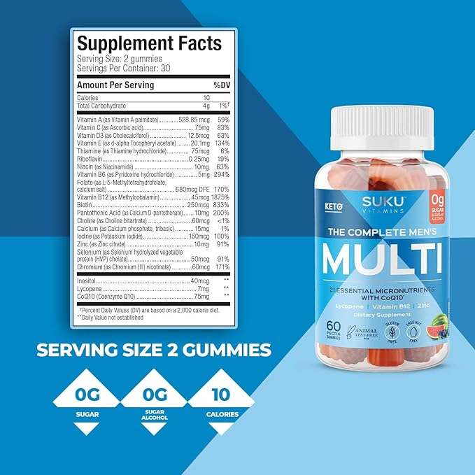 SUKU Men's Daily Multivitamin Gummies – Vitamins A, B12, C, D3, E, Zinc, CoQ10 & Lycopene – Prostate, Heart & Immune Support – Sugar-Free, Vegan, Mixed Fruit Fusion – 60 Count