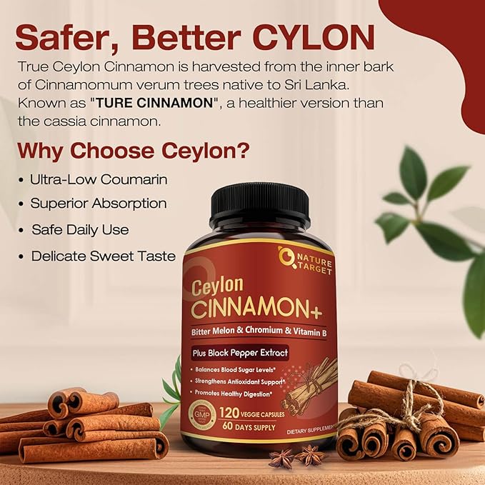 NATURE TARGET Ceylon Cinnamon Capsules - Cinnamon Supplements Plus Chromium, Bitter Melon, Vegetarian, 120 Capsules