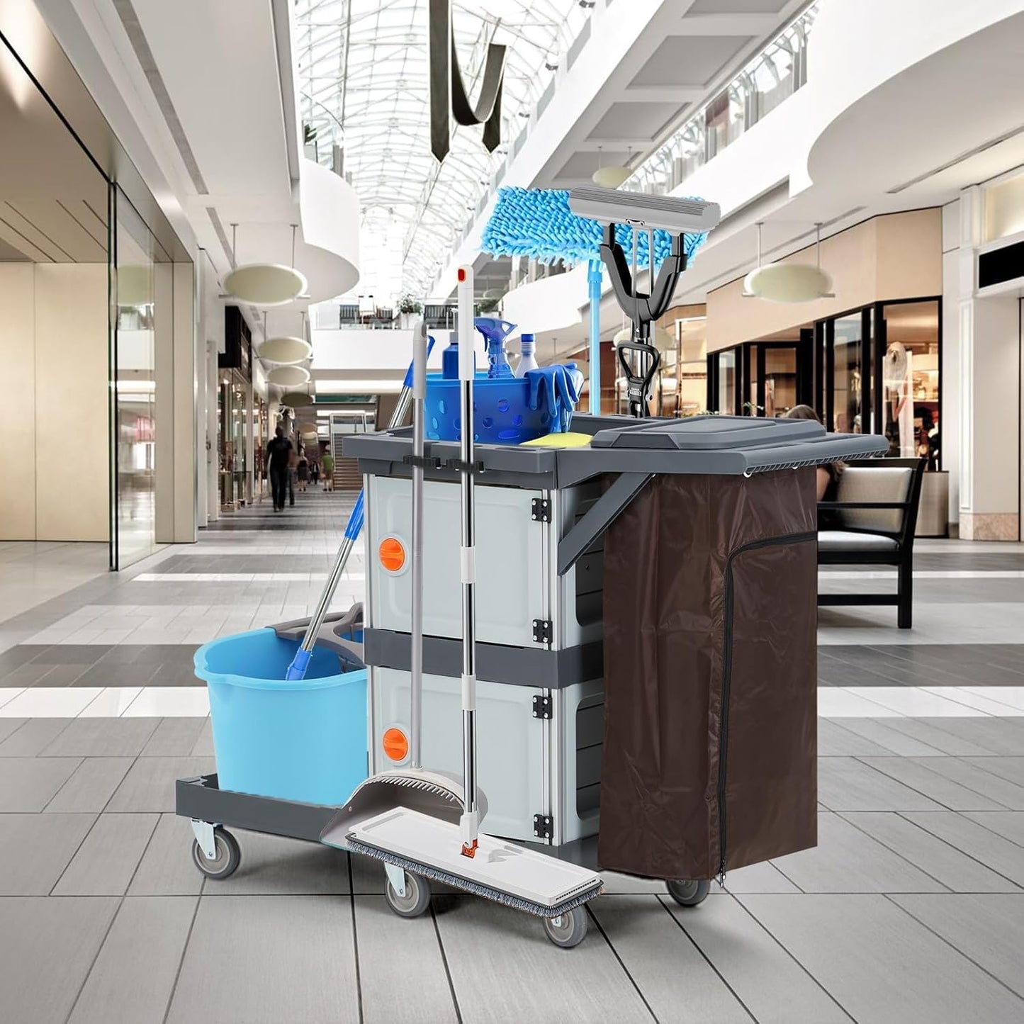 Janitorial Cart with 2 Cabinet, Commercial Traditional Janitorial 3-Shelf Cleaning Cart On Wheels with Cover and Vinyl Bag, Hotel Housekeeping Room Service Utility Cart, Grey