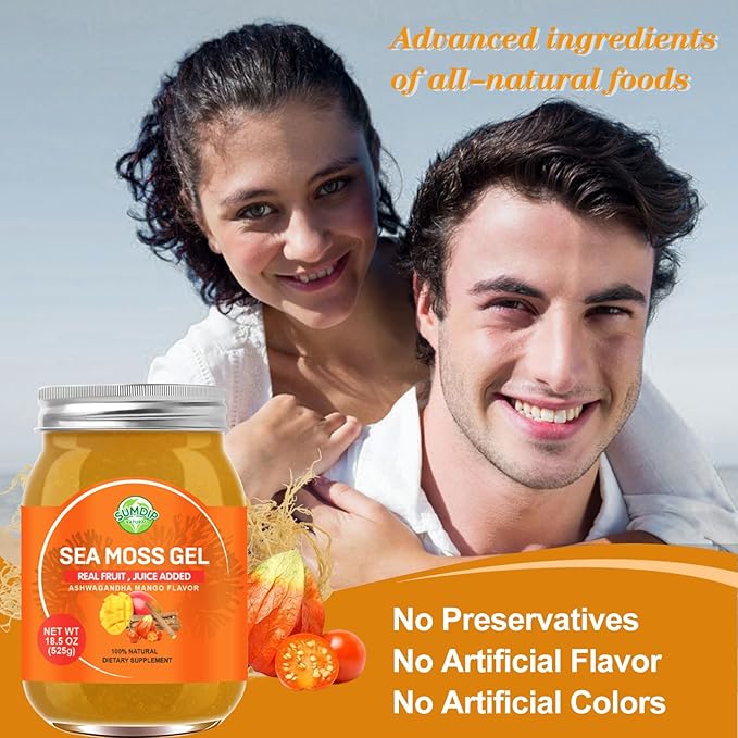 Sea Moss Gel, Raw Flavored Irish Seamoss Gel Immune and Digestive Support Vitamin Mineral Supplements, Ashwagandha Mango Flavor 18.5oz