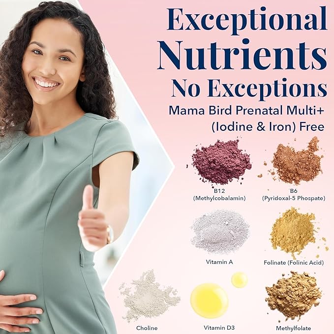 Best Nest Wellness Mama Bird Prenatal Multi Plus Iodine & Iron Free - Prenatal Vitamin for Brain & Digestive Health - Vegan Multivitamin with Methylfolate, Probiotics & More - 30 Caplets w/Gift Bag