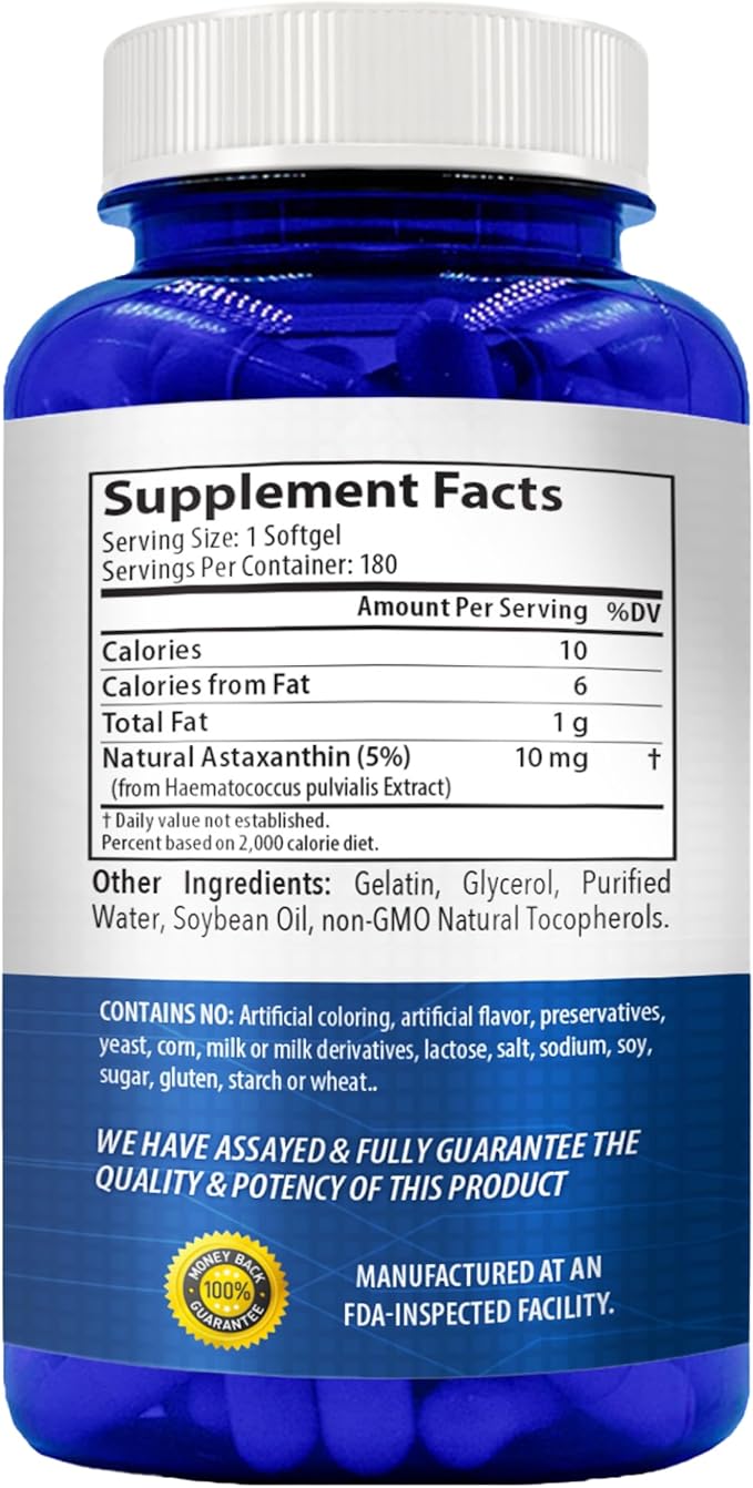 Astaxanthin Supplement for Men and Women | Antioxidant & Carotenoid Rich Astaxanthin 10mg From Haematococcus Pluvialis Microalgae for Eye & Skin Health Support (180 Day Supply) Packaging May Vary