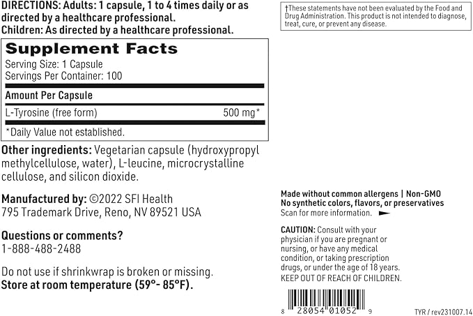 Klaire Labs SFI Health L-Tyrosine - 500 Milligrams Hypoallergenic & Free Form Amino Acid Dopamine Precursor, Supports Healthy Stress Response (100 Capsules)