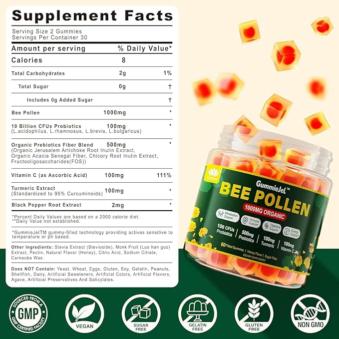 Digestive Health & Weight Bee Pollen Organic 1000mg, w/Probiotics, Prebiotics & Turmeric, Bee Pollen Gummies Rich in B-Vitamin, Antioxidants, Amino Acids, for Digestive, Weight & Energy