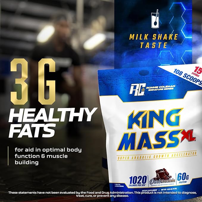 Ronnie Coleman Signature Series King Mass XL Mass Gainer Protein Powder, Muscle Gainer, 60g Protein, 180g Carbohydrates, 1,000+ Calories, Creatine and Glutamine, Dark Chocolate, 15 Pound