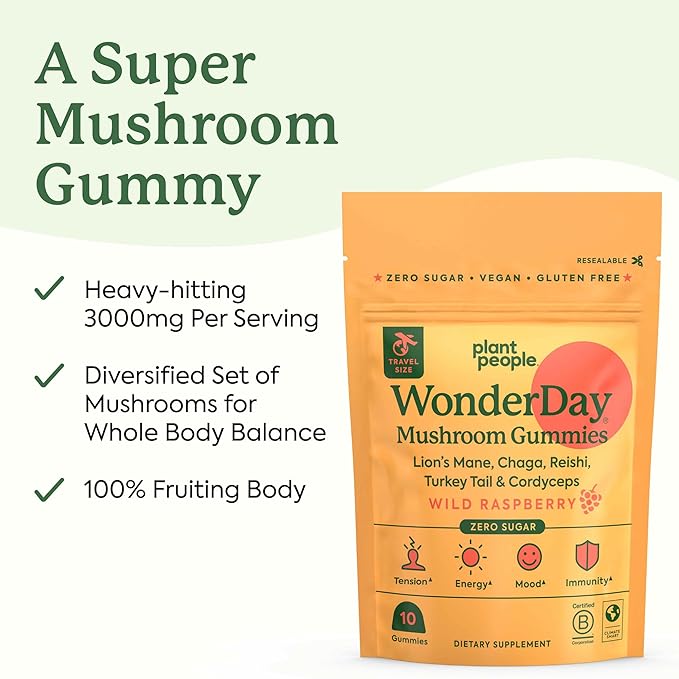 Plant People - WonderDay Mushroom Gummies Mini | Daily Gummy Multi Support for Whole Body Balance, Mood, De-Stress, Energy, Immune and Gut Health | Natural, Vegan, Non-GMO | Trial Size