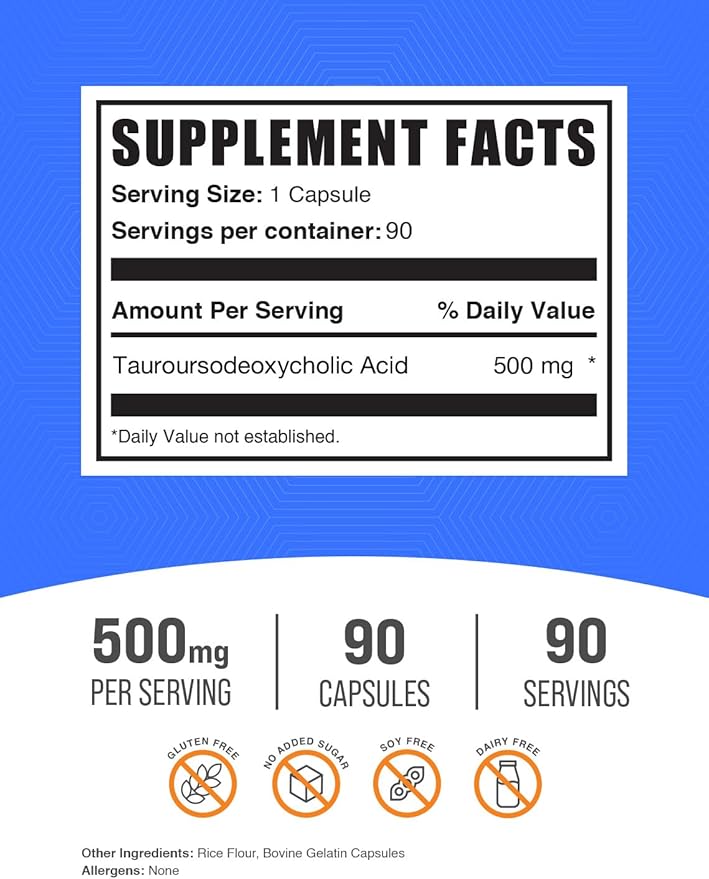 BulkSupplements.com TUDCA Capsules - TUDCA Supplement, Tauroursodeoxycholic Acid, TUDCA 500mg for Liver Support - Gluten Free, 1 Capsule per Serving, 90 Capsules (Pack of 1)