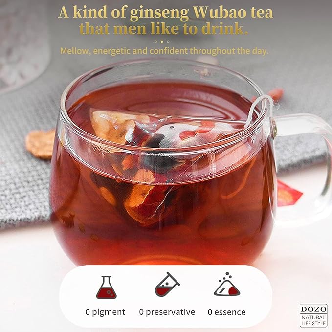 DOZO Ginseng Five Treasure Tea Men’s Maca Herbal Tea Wubao Tea 8.82oz/250g(25bag) Men's Kidney American Ginseng Raspberries Mulberries Red Dates Goji berries Maca 补肾茶 男人茶 人参五宝茶
