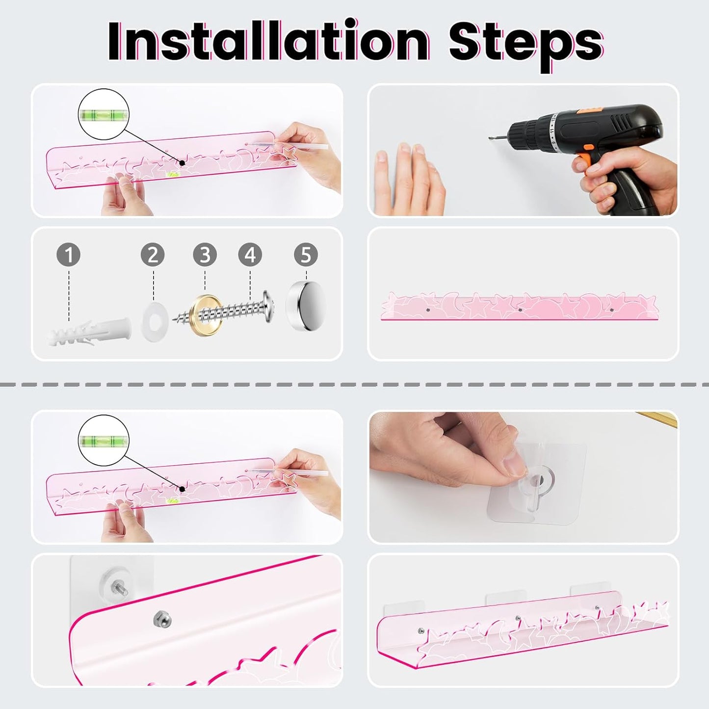 Floating Shelves for Wall,4 Pack 15.7’’x 3.5’’Adhesive Acrylic Shelves Organizer for Book Toy Photo Makeup,Wall-Mounted Kids Storage for Bathroom,Bedroom,Nursery,Pink Star and Moon