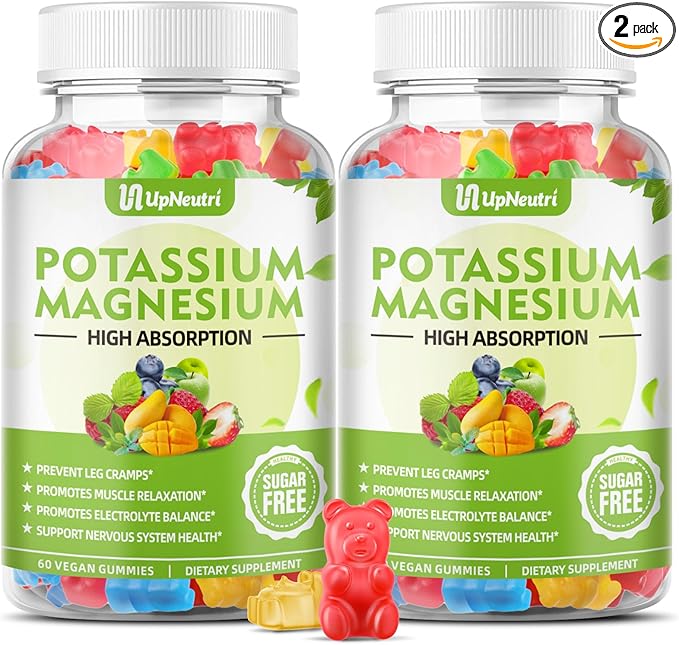 Potassium Magnesium Gummies for Adults Kids, Sugar-Free Potassium Gummies Supports Leg Cramps & Muscle & Immune Health, High Absorption Vegan Magnesium Supplement Gummies 5 Fruit Flavor 120 Cts