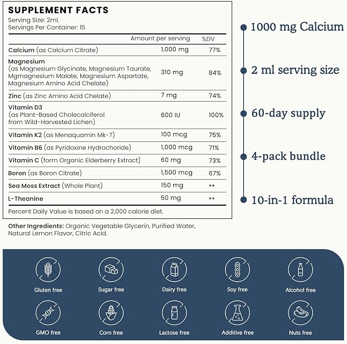(4 Pack) 10 in 1 Calcium Magnesium Zinc Supplement, Magnesium Glycinate Complex Liquid Drops with Vitamin D3 K2 B6, Vegan Calcium Citrate Bone & Immune Health Support, Sleep & Cramps, Boron, 1 Fl Oz