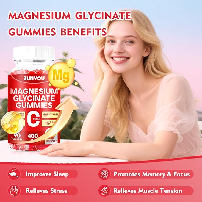 Magnesium Glycinate Gummies 400mg, Sugar Free Calm Magnesium Gummies for Women with Calcium, Vitamin D, B6, Zinc for Sleep, Mood and Muscle Support, 90 Count