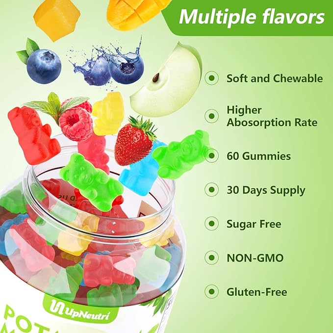 Potassium Magnesium Gummies for Adults Kids, Sugar-Free Potassium Gummies Supports Leg Cramps & Muscle & Immune Health, High Absorption Vegan Magnesium Supplement Gummies 5 Fruit Flavor 120 Cts