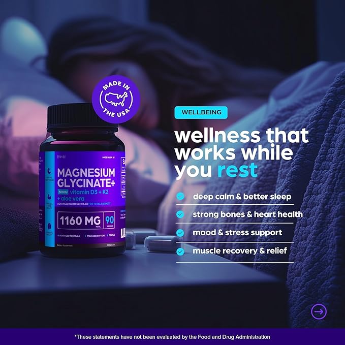 Magnesium Glycinate 1160mg + Aloe Vera, D3 & K2 Complex 90 Capsules – High Absorption, Non-Laxative – Supports Healthy Stress Response, Muscle Function & Healthy Metabolism Chelated Formula