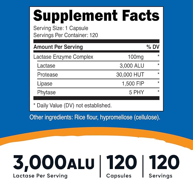 Nutricost Lactase Enzyme Complex 3,000 FCC ALU, 120 Veggie Capsules - Non-GMO, Gluten Free, 120 Servings (2 Bottles)