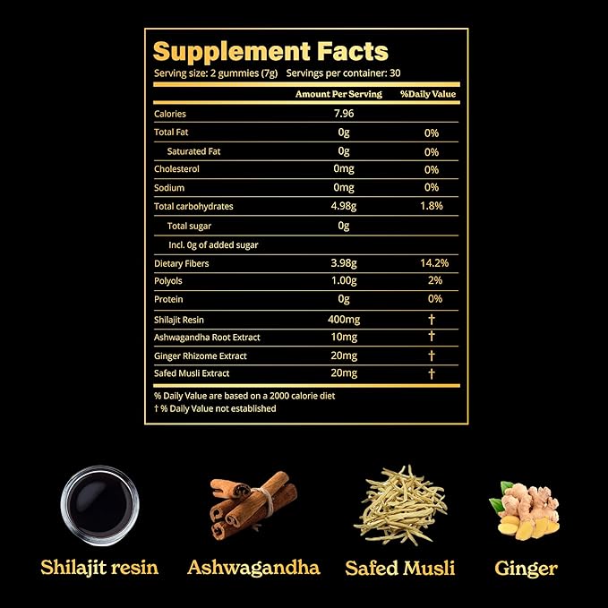 Gold+ Shilajit Gummies | with Ashwagandha, Safed Musli,Shilajit Resin & Ginger |Helps Boost Energy & Improves Stamina |1-Month Dietary Supplement|60 Gummies