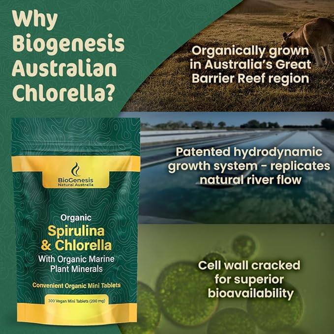 Biogenesis Organic Spirulina, Chlorella & Marine Plant Minerals – 300 Count (200 mg) | Australian Grown Algae Superfood | Support Energy & Immunity | Vegan Mini Tablets