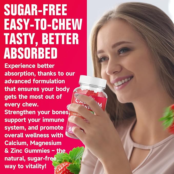 Calcium Gummies 1000mg with Vitamin D3 K2 & B Complex, Potassium, Calcium Magnesium Zinc Gummies for Bone, Muscle, Mood and Immunity - Vegan, Non-GMO, Strawberry Flavor 120 Count