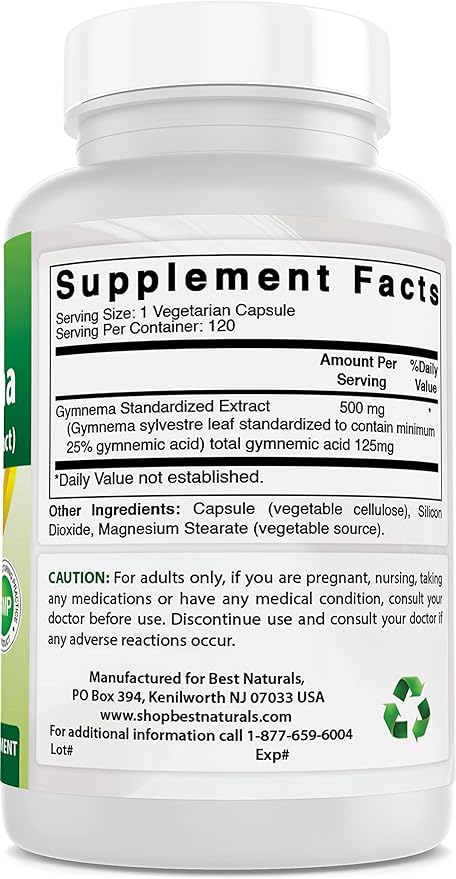 Best Naturals Gymnema Sylvestre Extract 500 mg 120 Vegetarian Capsules - Contains Minimum of 25% Gymnemic Acid (Pack of 2)