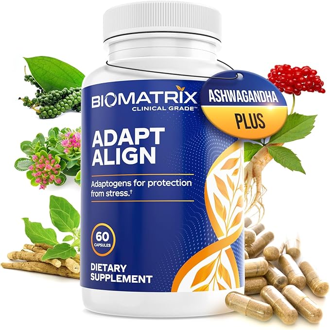 BioMatrix Adaptogen Supplement w/Ashwagandha, L-Theanine, Rhodiola, Ginseng | Cortisol Support, Stress Relief, Focus, Mood | 60 Capsules