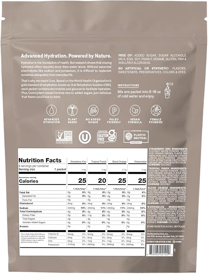 Cure Hydration | Plant-Based Electrolyte Drink Mix | No Added Sugar | Dehydration Relief Powder Made with Coconut Water | Non-GMO | Vegan | 8 Packets - Tropical Variety Pack