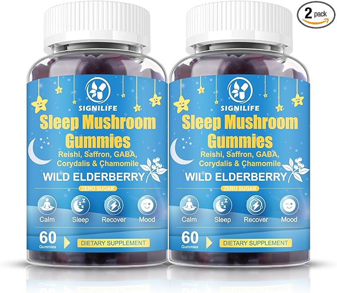 Sleep Mushroom Gummies with Reishi & Lions Mane -Natural Sleep Aid & Relaxation Supplement, Wild Elderberry Flavor, Non-GMO, No Sugar, 120 Count