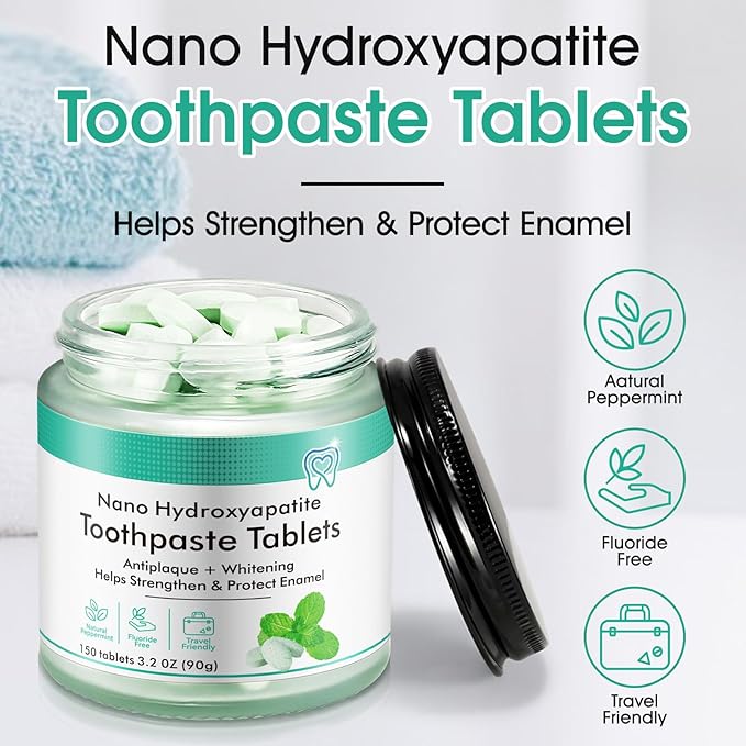 150 Pcs Toothpaste Tablets with Nano Hydroxyapatite for Deep Cleaning, Fresh Breath, Enamel-Safe, Fluoride & Plastic Free & Remineralizing Tablets with Coconut Oil, Peppermint, Xylitol