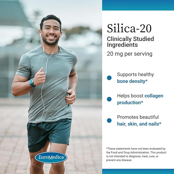 EuroMedica Silica-20 - Supplement Supports Bone Structure & Collagen Production - Strong Teeth & Healthy Bone Density Support - Aids Hair, Skin & Nails Health - 60 Tablets (30 Servings)
