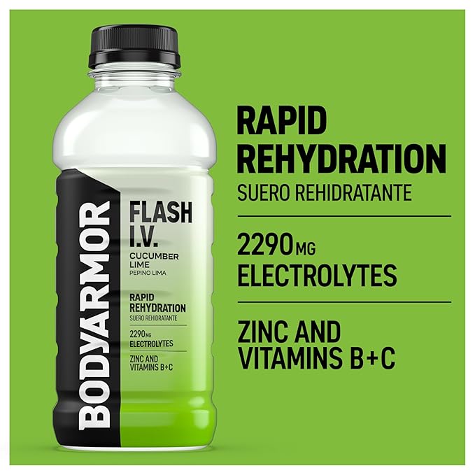 BODYARMOR Flash I.V. Electrolyte Beverage, Cucumber Lime, Hydration Drink with Coconut Water For Rapid Rehydration, Post Workout Recovery, 20 Fl Oz (Pack of 12)
