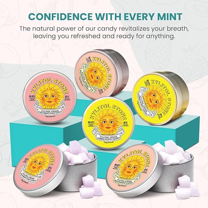 Xylitol Stone Sugar Free Candy - Vegan & Keto Friendly Unique Hard Candy - 100% Natural Flavor Candies - Gluten Free & Non-GMO Breath Freshener Mints - Pack of 6 (2 Strawberry, 2 Lemon, 2 Peach)
