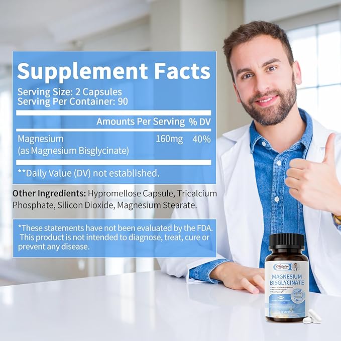 Magnesium Bisglycinate 100% Chelate, Maximum Absorbable Magnesium Glycinate Supplement for Restful Sleep, Energy Muscle Bone Support Non-GMO, Gluten-Free - 180 Capsules