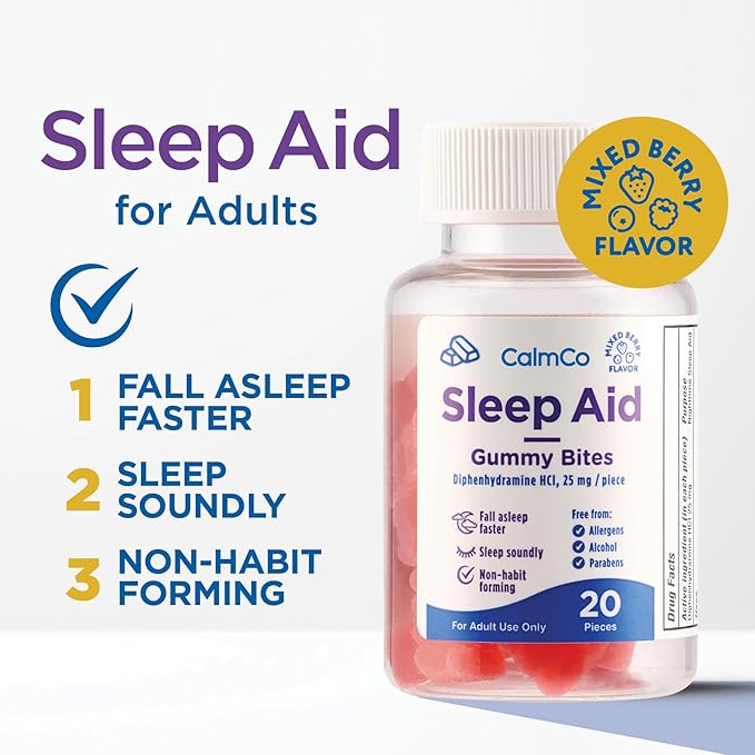 CalmCo Adult Sleep Aid Gummy Bites - Non-Habit Forming Sleep Support with 25mg Diphenhydramine, Easy-to-Chew Nighttime Sleep Aid Gummies, Promotes Better Sleep, and Fall Asleep Faster, 20 Count
