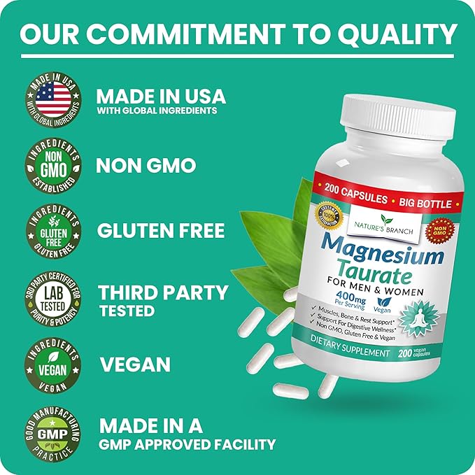 Magnesium Taurate 400mg - 200 Capsules - High Absorption for Sleep, Heart Health, Calm, Joint Supplement for Women and Men - Made in USA, Pure Elemental Mag Powder Plus Taurine - Extra Strength Pills