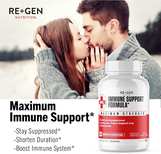 Re+Gen Nutrition Immune Support Supplement for Adults, Natural Capsules with Zinc, Vitamin C, L lysine Amino Acid & Oregano Oil for Strong Immunity Health in Men & Women, 120 Capsules