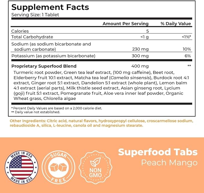 ā Anti-Bloat Cleanse Drink with 15 Superfoods | Supports Digestion, Energy & Cravings | Vegan, Non-GMO | 60 Effervescent Tabs ā Peach Mango Flavor