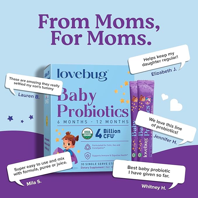 LOVEBUG Award Winning USDA Organic Probiotic for Babies | Multi-Strain 4 Billion CFU | Easy-to-Take Powder | Sugar Free | Ages 6-12 Months | 60 Packets